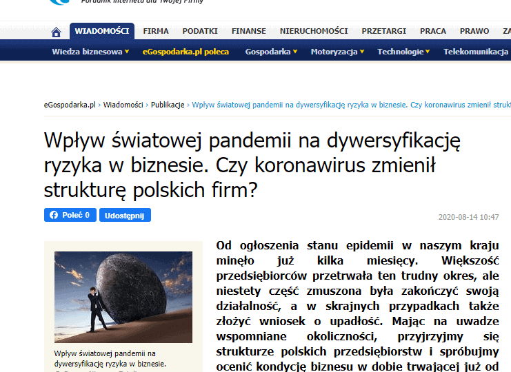 Wpływ światowej pandemii na dywersyfikację ryzyka w biznesie. Czy koronawirus zmienił strukturę polskich firm?
